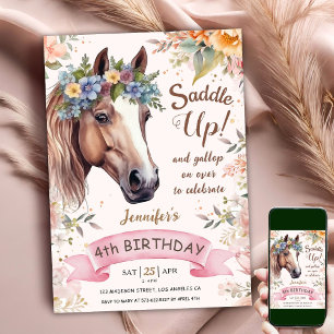 Paard 4e verjaardag koeMeisje Bloemen zadel omhoog Kaart