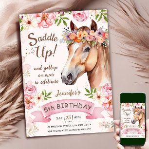 Paard 5e verjaardag roze rozenbloemen zadel omhoog kaart
