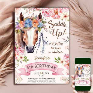 Paard 6e verjaardag meisje Boho bloemen Saddle Up Kaart