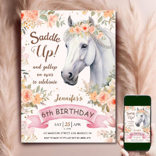 Paard 6e verjaardag meisje roze bloemen Saddle Up Kaart