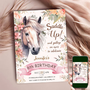Paard 6e verjaardag meisje wilde bloemen zadelen kaart