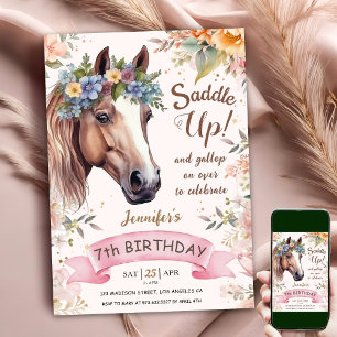 Paard 7e verjaardag koeMeisje Bloemen zadel omhoog Kaart