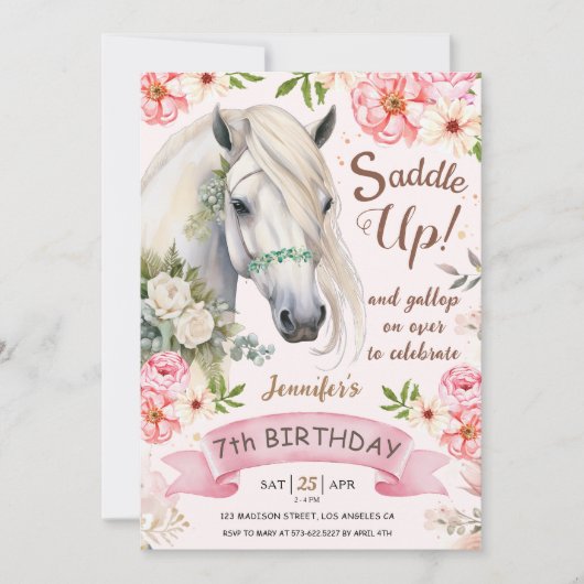 Paard 7e verjaardag meisje roze bloemen zadel omho kaart (Voorkant)