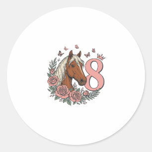 Paard 8e verjaardag bloemrijke vintage graveer ont ronde sticker