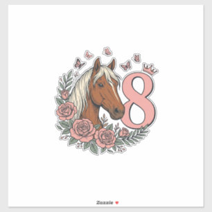 Paard 8e verjaardag bloemrijke vintage graveer ont sticker