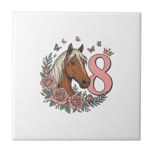 Paard 8e verjaardag bloemrijke vintage graveerontw tegeltje