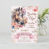 Paard 9e verjaardag roze bloemig meisje zadel omho kaart (Staand voorkant)