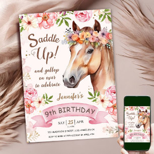 Paard 9e verjaardag roze rozenbloemen zadel omhoog kaart