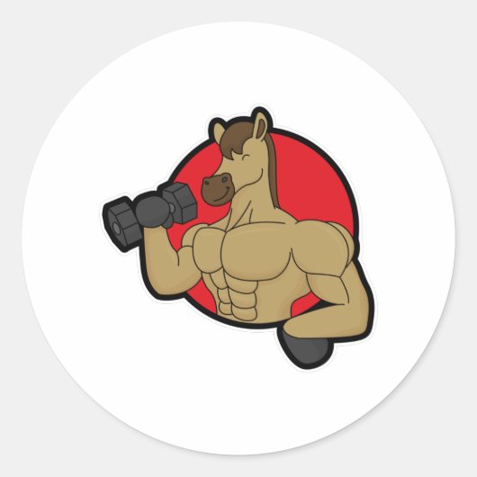 Paard als Bodybuilder met Dumbbell Ronde Sticker (Voorkant)
