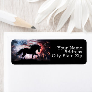 Paard Amerikaanse vlag en vuurwerk Etiket