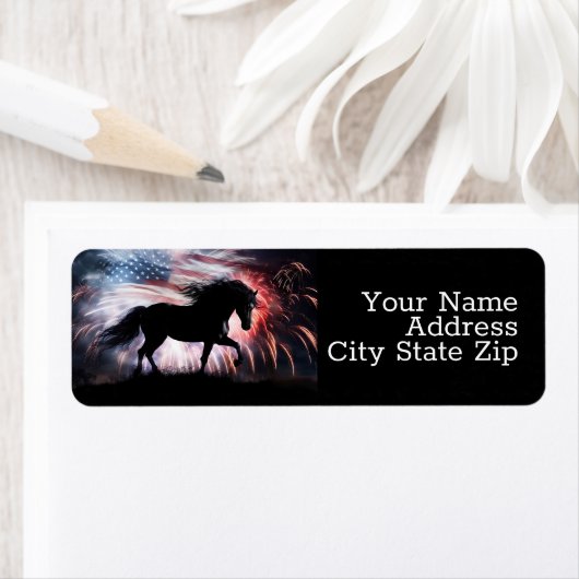 Paard Amerikaanse vlag en vuurwerk Etiket (Insitu)