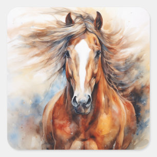Paard Aquarel Bruin en wit Vierkante Sticker