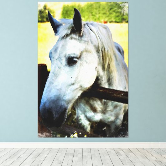 *~* Paard AR22 Wit Paard over Omheining Canvas Afdruk (Insitu (Houten vloer))
