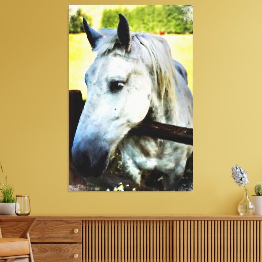 *~* Paard AR22 Wit Paard over Omheining Canvas Afdruk (Insitu (Woonkamer))