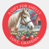 Paard bij een Boerderij Kerstfeest Gepersonaliseer Ronde Sticker (Voorkant)