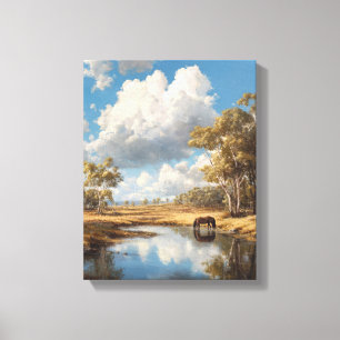 Paard Bij Vijver Met Weerspiegeling Onder Bewolkte Canvas Afdruk