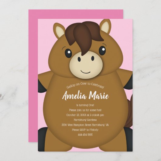 Paard Birthday Party roze Kaart (Voorkant / Achterkant)