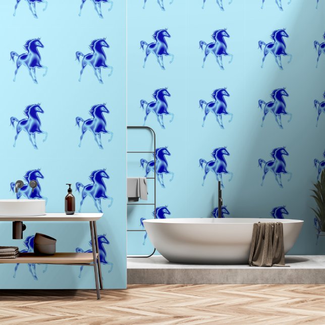 Paard blauw schilderij kunst behang (Badkamer)