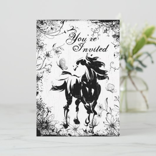 Paard, bloemen en vlinders verjaardagsuitnodiging kaart (Staand voorkant)