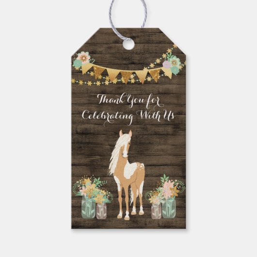 Paard, Bloemen Rustiek Hout Verjaardag Dank u Cadeaulabel (Voorkant)