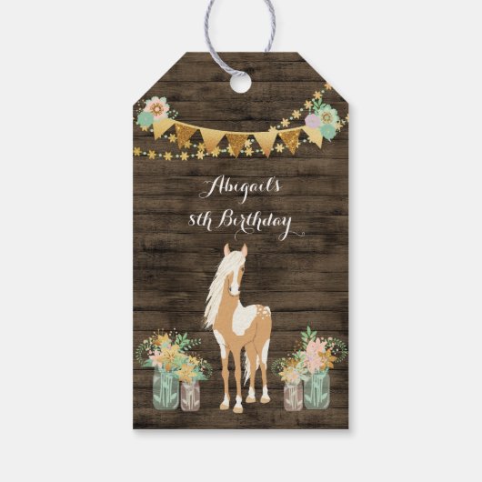 Paard, Bloemen Rustiek Hout Verjaardag Dank u Cadeaulabel (Achterkant)