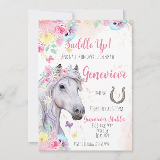Paard Bloemen Verjaardag uitnodiging voor Meisje (Voorkant)