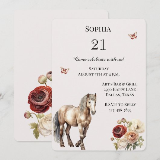 Paard Bourgogne Crème Bloemen Verjaardag Kaart (Voorkant / Achterkant)