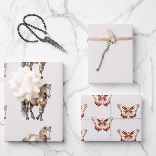 Paard Bourgogne Crème Vlinders Verjaardag Inpakpapier Vel (Voorkant)