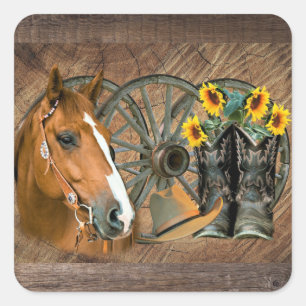 Paard Cowboylaarzen Wagonwiel Zonnebloemen Western Vierkante Sticker