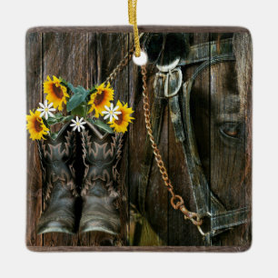 Paard Cowboylaarzen Zonnebloemen Landelijke Schuur Keramisch Ornament