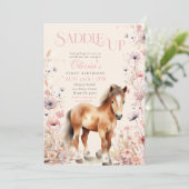 Paard Cowgirl Ruitersport Wildbloemen Roze Verjaar Kaart (Staand voorkant)