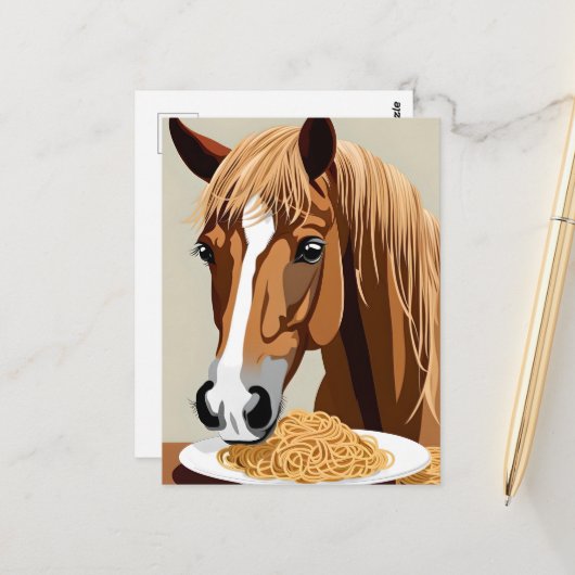 paard dat spaghetti eet briefkaart (Voorkant / Achterkant in situ)