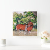 Paard door hek-muur-klok vierkante klok (Huis)