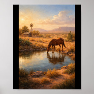 Paard drinkend bij een kleine vijver poster