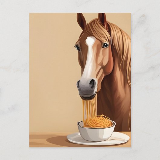 Paard eet spaghetti briefkaart (Voorkant)