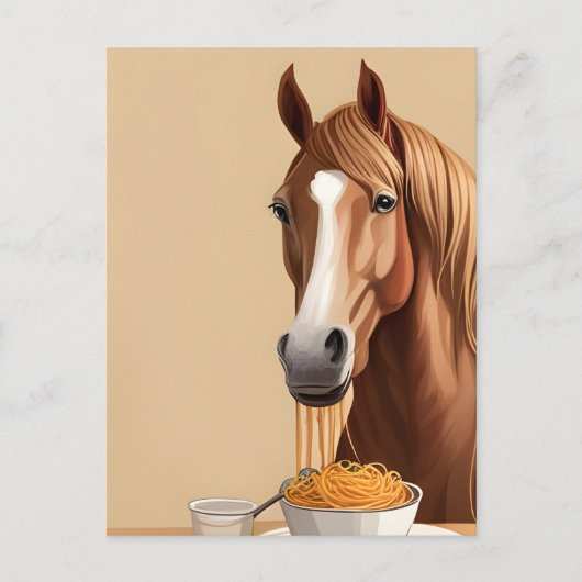 Paard eet spaghetti briefkaart (Voorkant)
