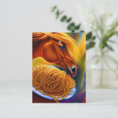 Paard eet spaghetti briefkaart (Staand voorkant)