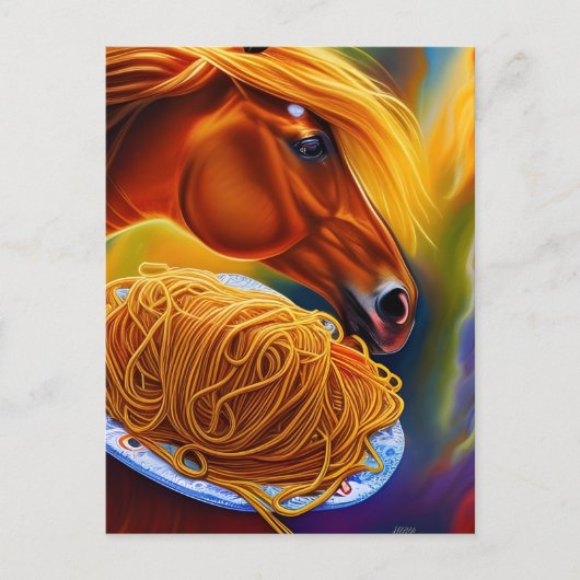 Paard eet spaghetti briefkaart (Voorkant)