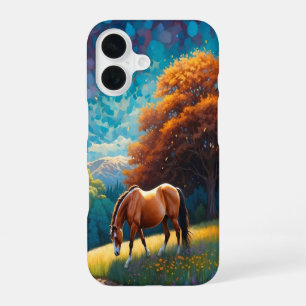 Paard en bloemen in een kleurrijke weide iPhone 16 hoesje