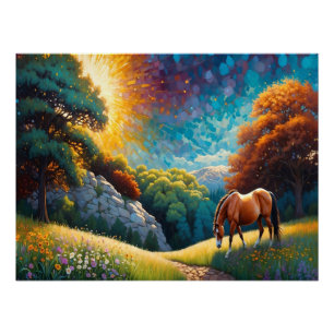 Paard en bloemen in een kleurrijke weide perfect poster