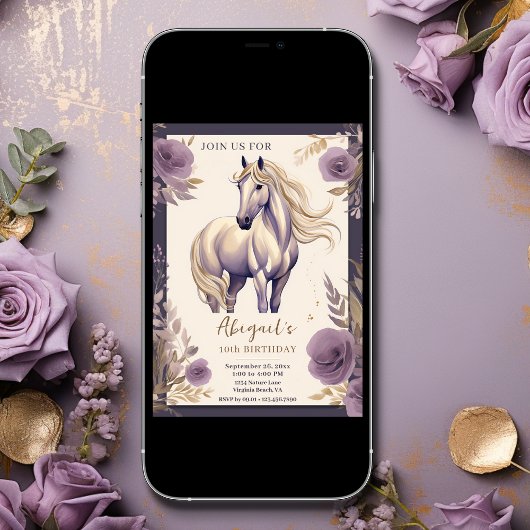  Paard en Bloemen Paarse en Gouden Verjaardag Kaart