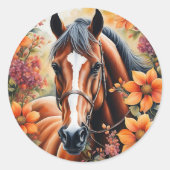 Paard en bloemen ronde sticker (Voorkant)