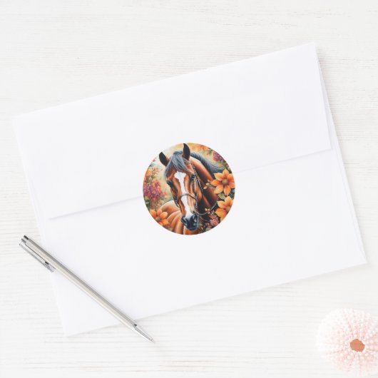 Paard en bloemen ronde sticker (Envelop)
