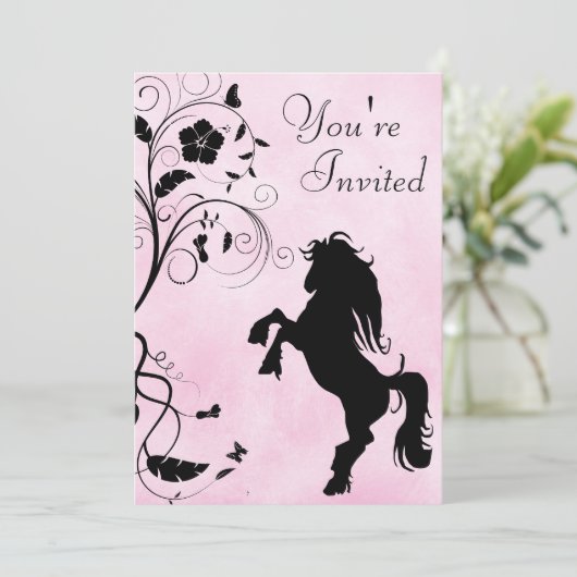 Paard en bloemen roze verjaardag uitnodiging (Staand voorkant)