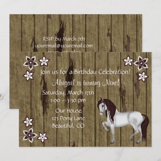 Paard en Bloemen Verjaardag Uitnodiging ~ Meisjes (Voorkant / Achterkant)