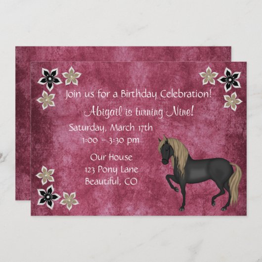 Paard en Bloemen Verjaardag Uitnodiging ~ Meisjes (Voorkant / Achterkant)