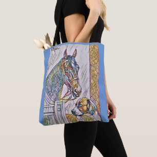 Paard en hond gebrandschilderd glas plezier tote bag