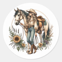 Paard en meisje Sticker met zonnebloemen
