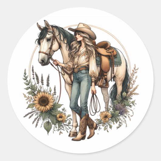 Paard en meisje Sticker met zonnebloemen (Voorkant)