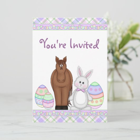 Paard en Pasen Bunny Verjaardag Uitnodiging ~ Meis (Staand voorkant)